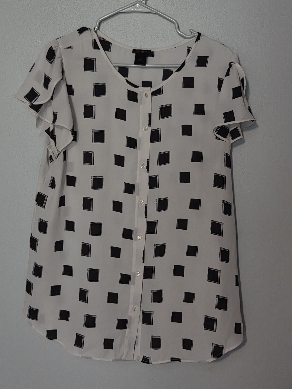 Ann Taylor Factory White Button-Front Blouse with Black Square Print